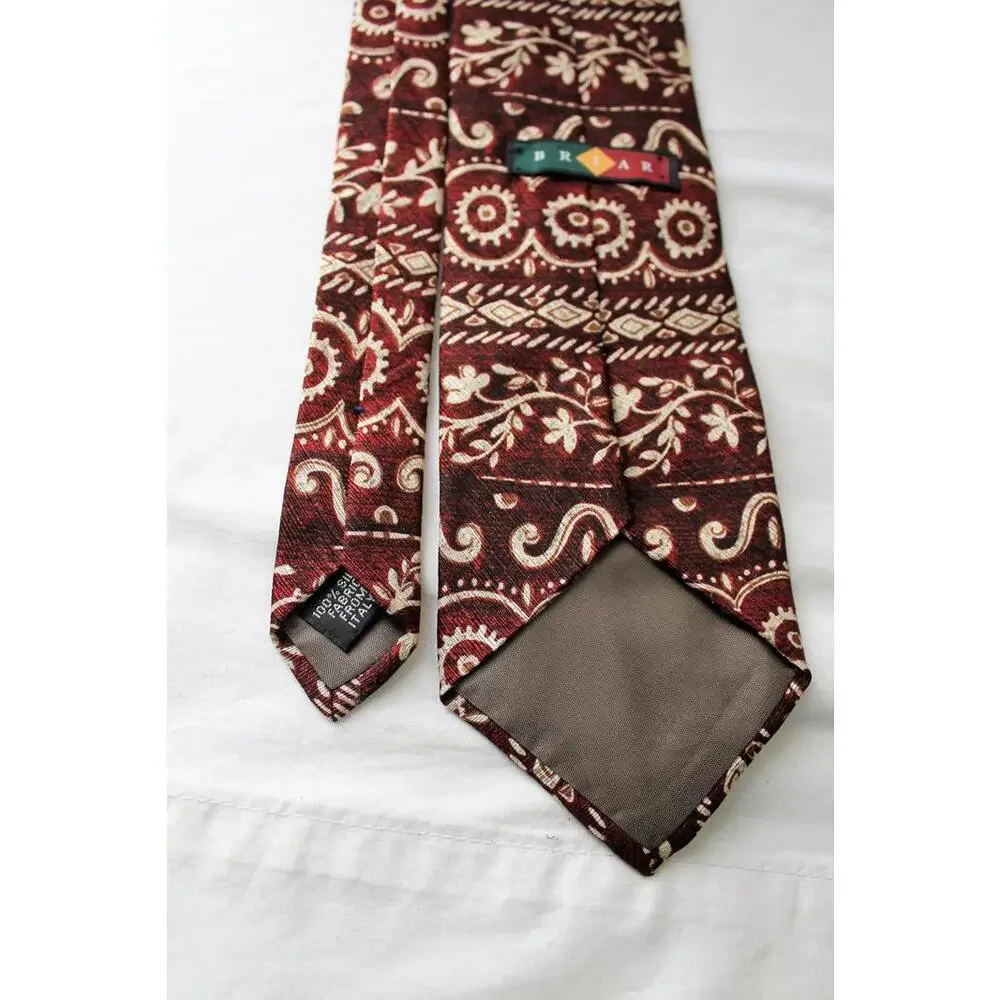 Vintage BRIAR 4 Inch Italian Silk Geometric Necktie, Burgundy & Ivory